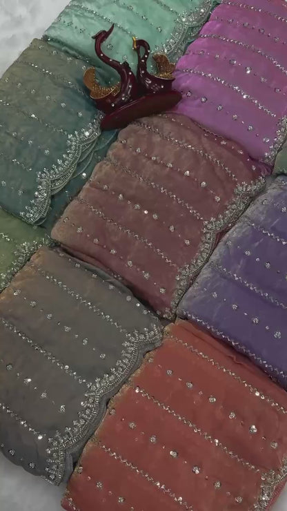 Party Star - Premium Space Silk Saree with Swaroski like crystal work with Fully Stitched Blouse