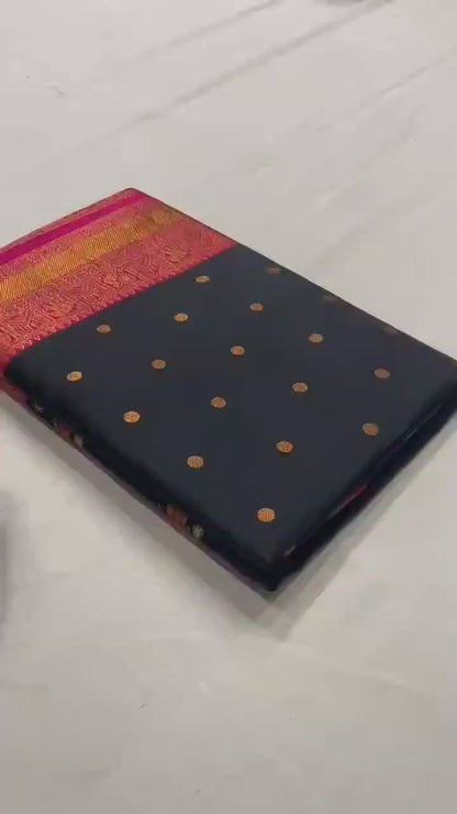 Black Pure Paithani Silk Saree with rich weaving with Stitched Blouse