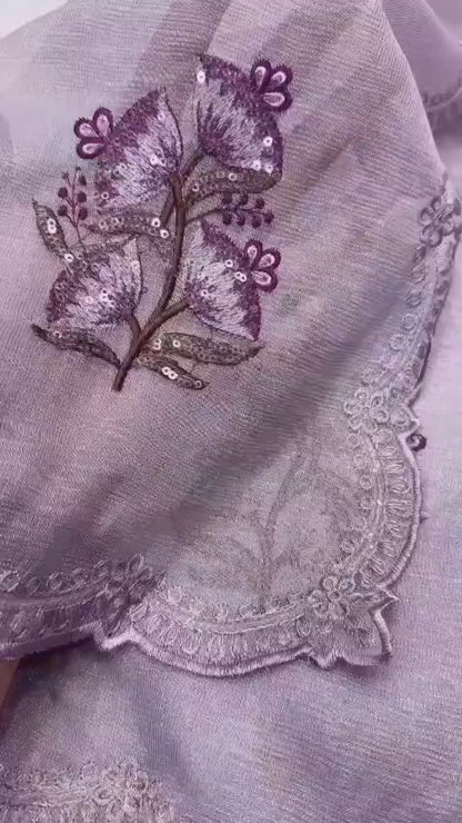 Beautiful Pastel Purple Jute Organza Work Saree with Stitched Blouse Options