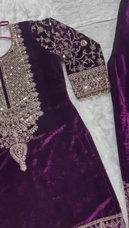 Noor - Wine Premium Velvet Fabric with beautiful Embroidery Suit Fully Stitched