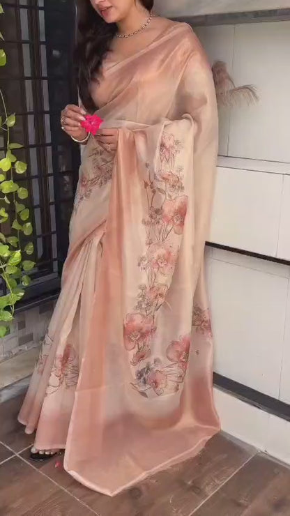Mohini - Pure Soft Silk Floral Printed Peachy Orange Saree with Stitched Blouse Options